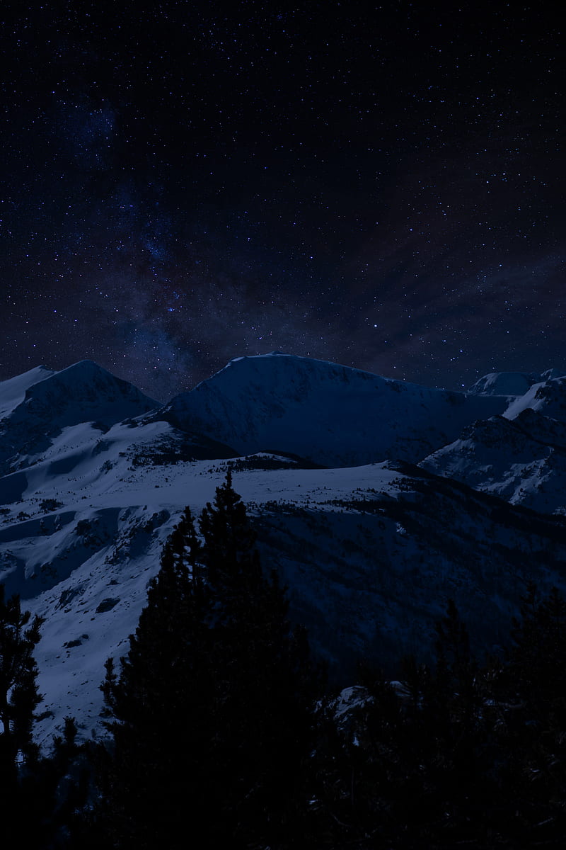 mountains, starry sky, night, snowy, HD phone wallpaper
