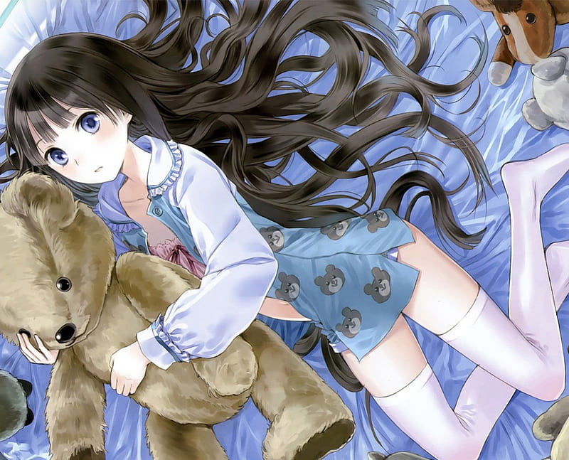 Anime, stockings, girl, lying, teddy bear, long hair, HD wallpaper
