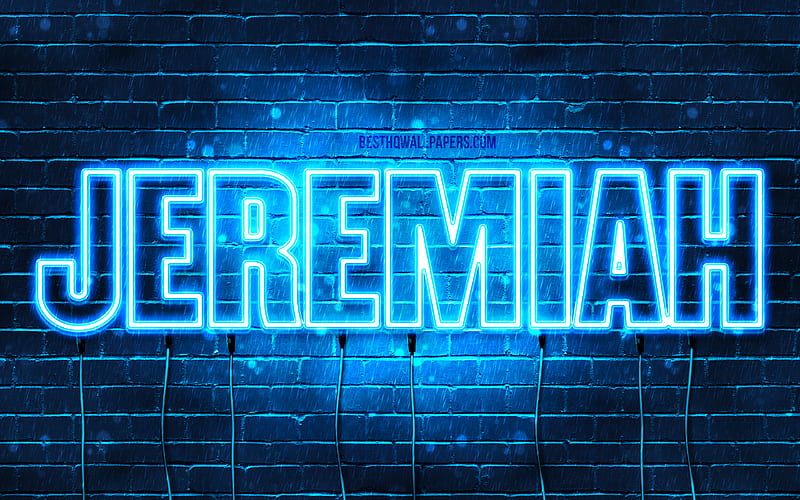 Jeremiah with names, horizontal text, Jeremiah name, blue neon lights, with Jeremiah name, HD wallpaper