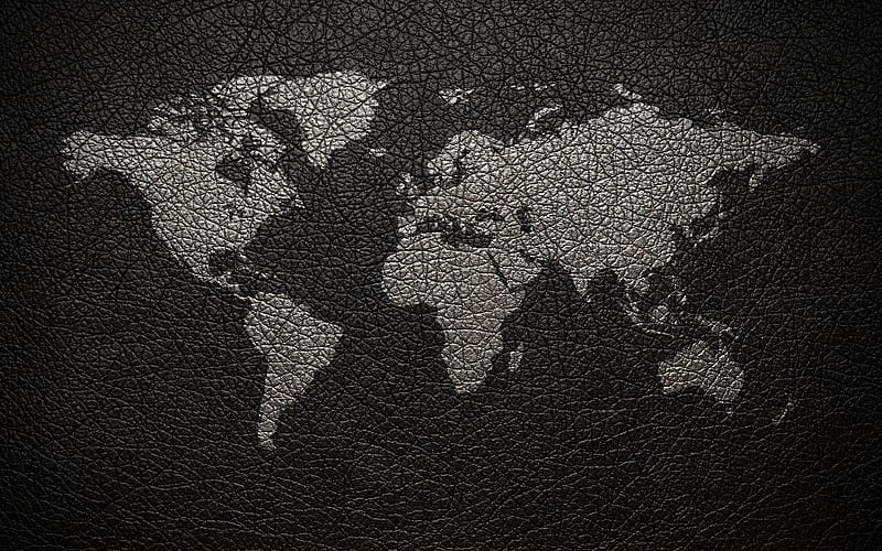 World map on black leather, Earth, creative, world map concepts, leather texture, HD wallpaper