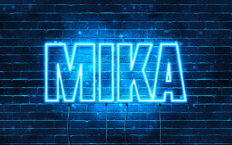 Mika with names, horizontal text, Mika name, Happy Birtay Mika, popular german male names, blue neon lights, with Mika name, HD wallpaper