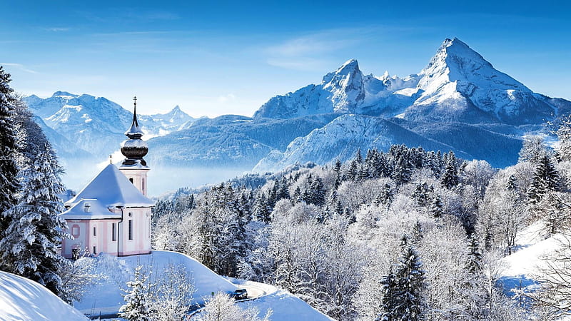 Bavaria, Church Maria Gern, sky, trees, alps, mountains, HD wallpaper