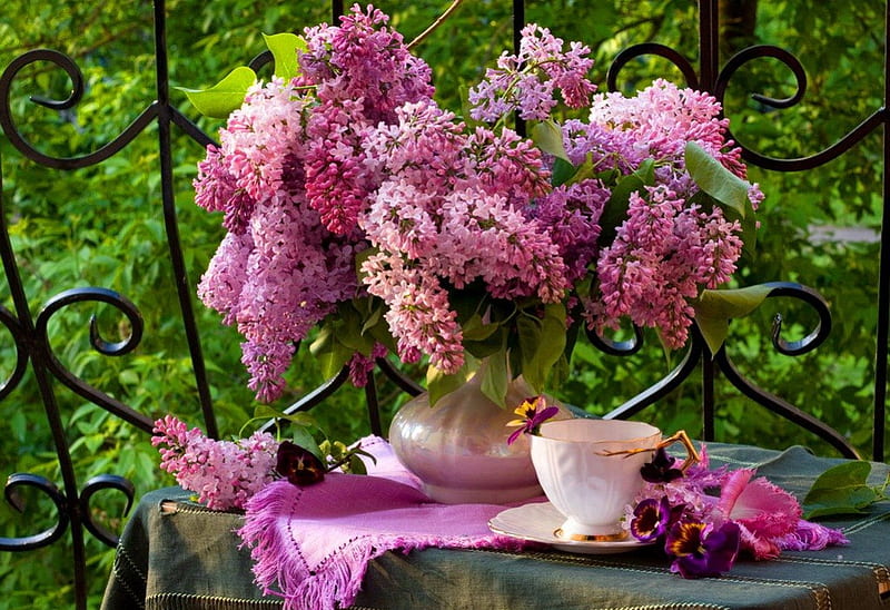 Still life, lilac, pretty, colorful, vase, bonito, fragrance, tea, nice, green, flowers, morning, harmony, table, lovely, fresh, greenery, scent, spring, delicate, freshness, purple, bouquet, coffee, cup, garden, violet, nature, HD wallpaper