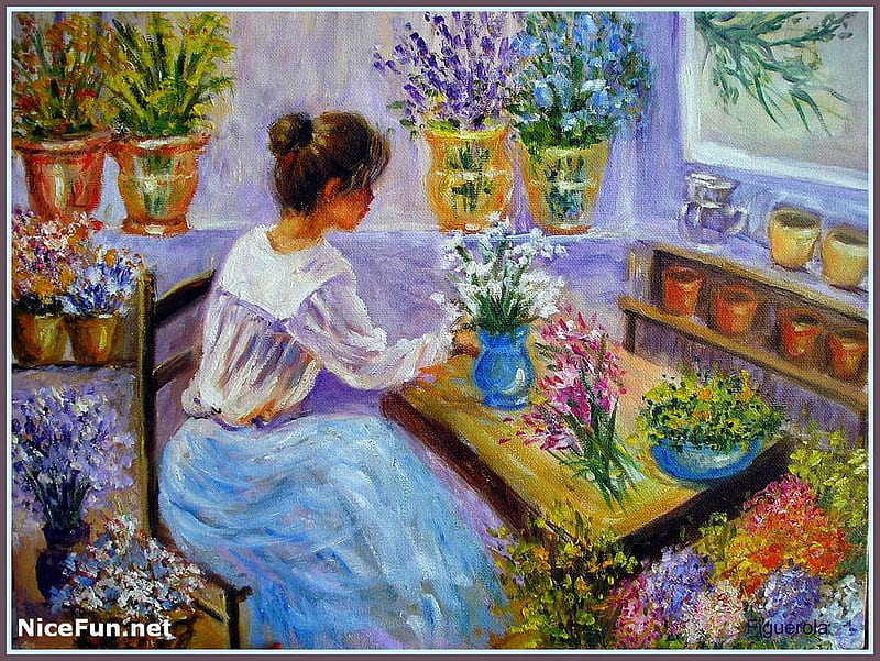 Her Little Garden Shed, pots, arranements, quite, plants, flowers, bench, lady, HD wallpaper