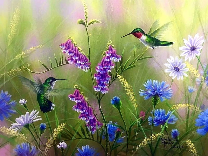 Summer Hummingbirds, hummingbirds, love four seasons, birds, spring, attractions in dreams, paintings, summer, flowers, nature, animals, HD wallpaper