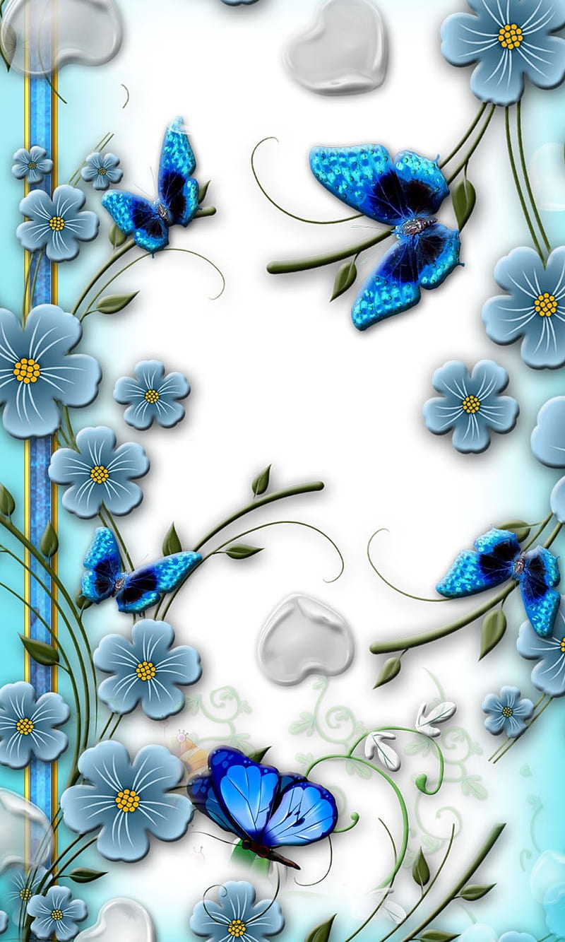 Butterflies, abstract, blue, flowers on, HD phone wallpaper