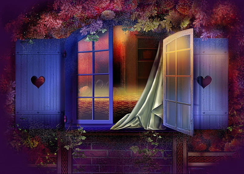 Bedroom window, fantasy, window, roserika, heart, bedroom, pink, blue, HD wallpaper