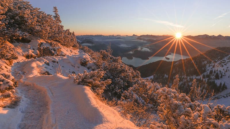 Sunset in the Bavarian Alps, sun, snow, winter, germany, landscape, trees, HD wallpaper