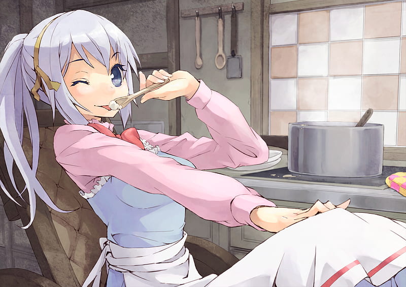 i love cooking ;), tasting food, white hair, pot, wooden spoon, kitchen, cute, girl, anime, sitting, wink, blue eyes, apron, HD wallpaper