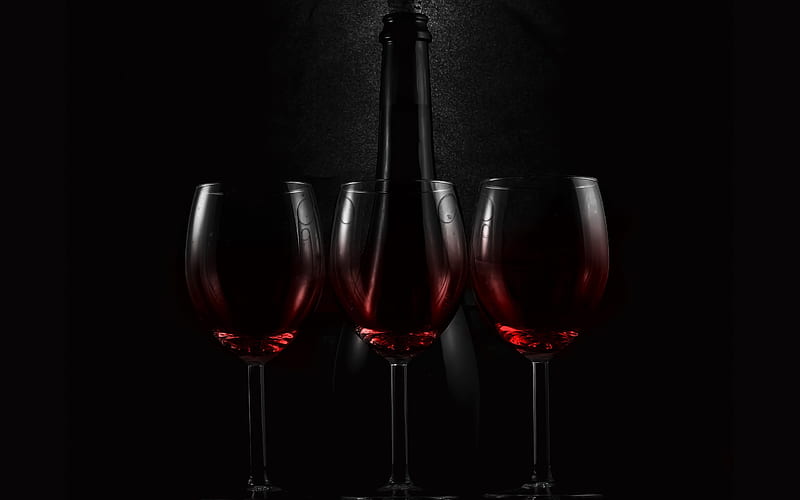 Red wine, glasses of wine, black bottle, wine, HD wallpaper