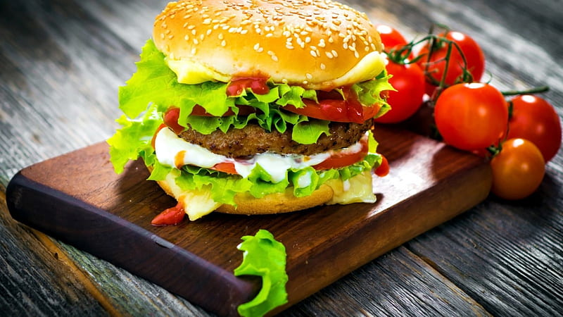 Hamburger, fast food, tomato, salad leaves, chicken, HD wallpaper