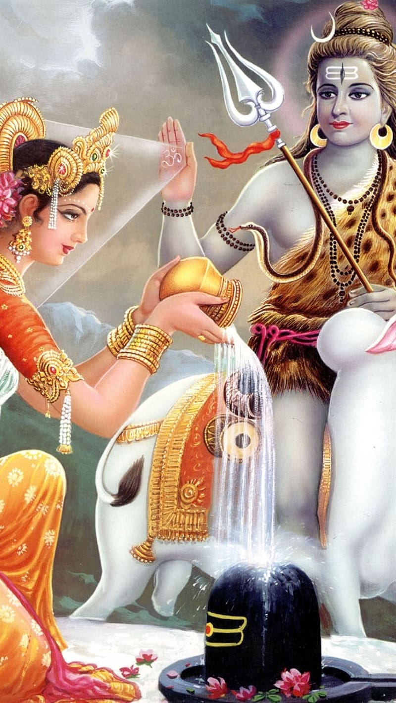 Shivji Parvati Ji Doing Worship Of Shivlinga, shivji parvati, worship, shivlinga, bhakti, HD phone wallpaper