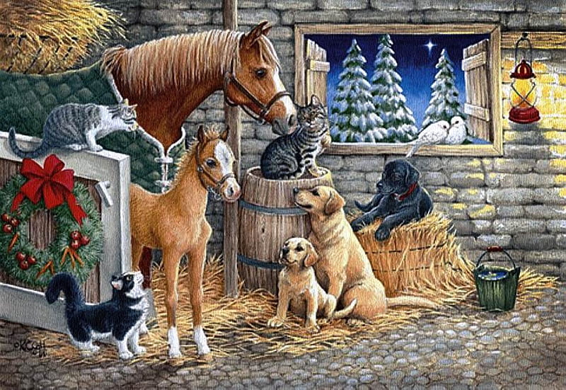 By Kathy Goff, art, christmas, kathy goff, cat, horse, animal, painting, stable, kitten, HD wallpaper