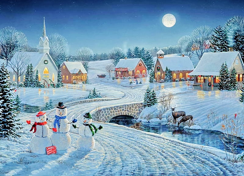Moonlight, cottages, christmas, church, sky, snowman, deer, winter ...