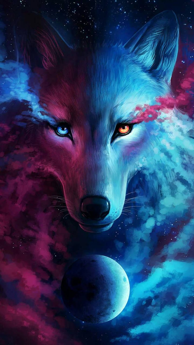 wolf, blue, galaxy, lone, pink, white, wolves, HD phone wallpaper