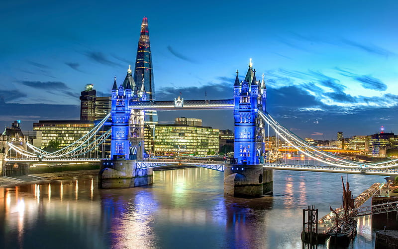 Tower Bridge, London, The Shard, skyscrapers, evening, modern buildings, Thames, landmark, London cityscape, England, HD wallpaper