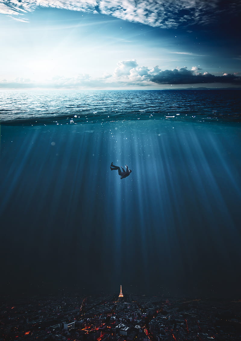 Man sinking in water, city, falling, fanstasy, sea, underwater, waves, HD phone wallpaper