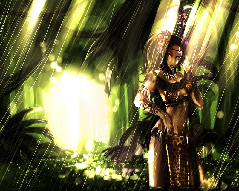 Jungle Warrior, Water, rain, Leopard Skin, Jungle, Woman, HD wallpaper