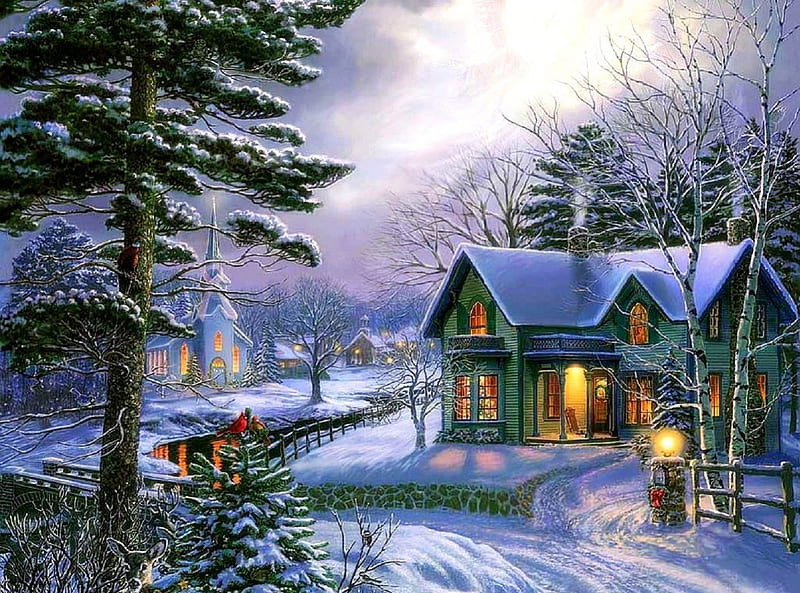 ★Journey of Happiness★, villages, cottages, holidays, christmas, white trees, love four seasons, bonito, attractions in dreams, xmas and new year, winter, roads, paintings, snow, churches, HD wallpaper
