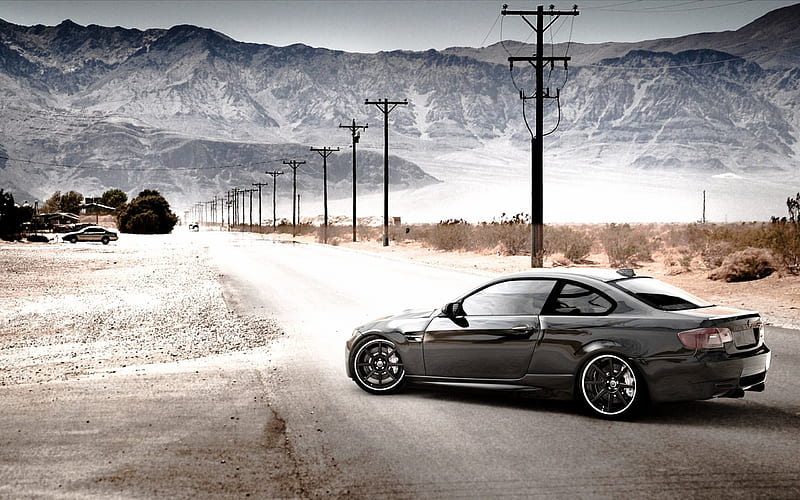 E92, BMW M3, road, tuning, black m3, desert, BMW, HD wallpaper