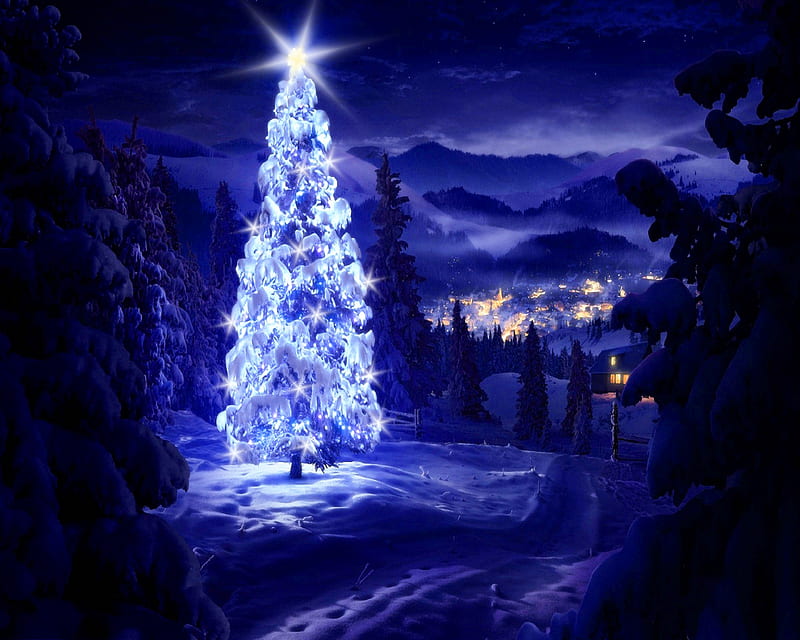 Snowy Winter, blue, christmas, lights, night, snow, tree, village, HD wallpaper
