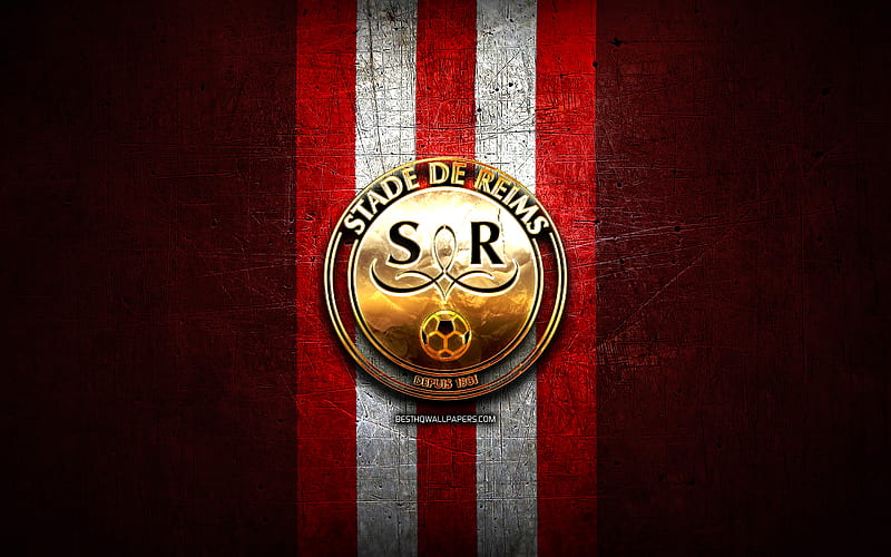 Stade de Reims FC, golden logo, Ligue 1, red metal background, football, Stade de Reims, french football club, Stade de Reims logo, soccer, France, HD wallpaper