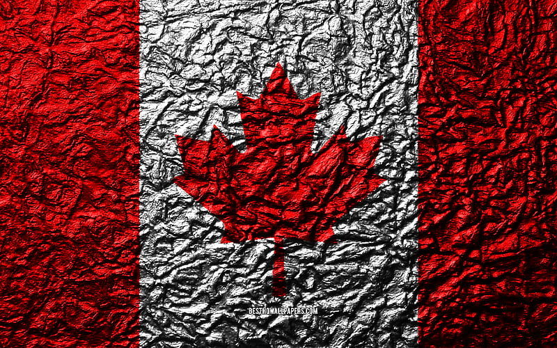 Flag of Canada stone texture, waves texture, Canadian flag, national symbol, Canada, North America, stone background, HD wallpaper