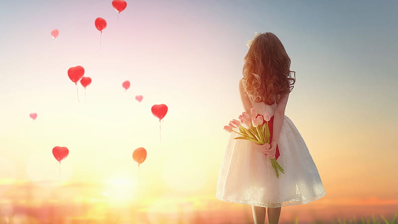 Little Girl Is Seeing Flying Hearty Balloons With Tulips In Hands Cute, HD wallpaper