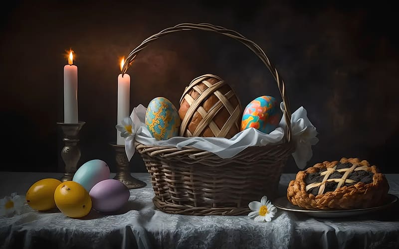 Happy Easter Time!, basket, eggs, easter, candles, AI art, HD wallpaper