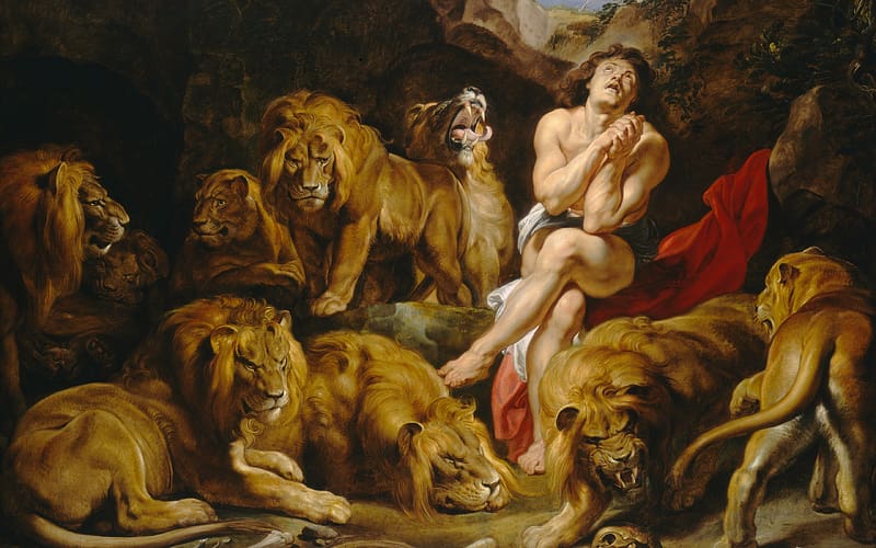 Daniel in the lion's den, leu, painting, art, peter paul rubens, man, pictura, daniel in the lions den, lion, HD wallpaper