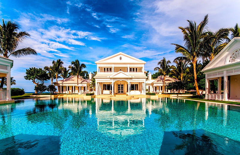 DREAM HOUSE, resort, vacation, beach house, house, pool, palms, beach, summer, tropical, HD wallpaper