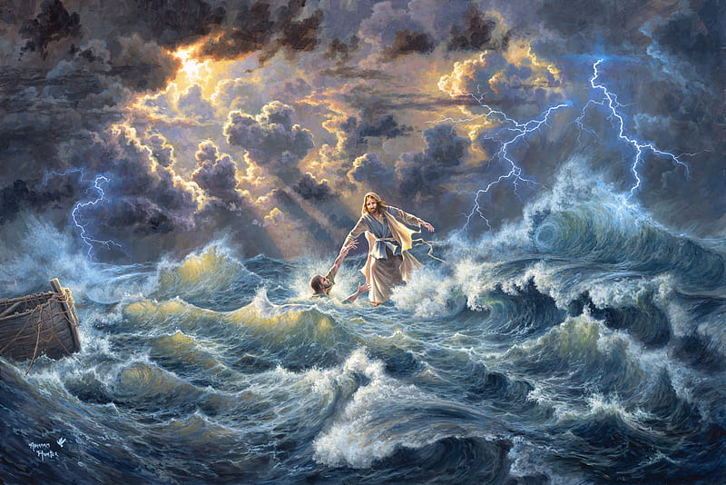 Saved by Grace by Abraham Hunter, art, cloud, water, boat, abraham hunter, jesus christ, pictura, sea, painting, HD wallpaper