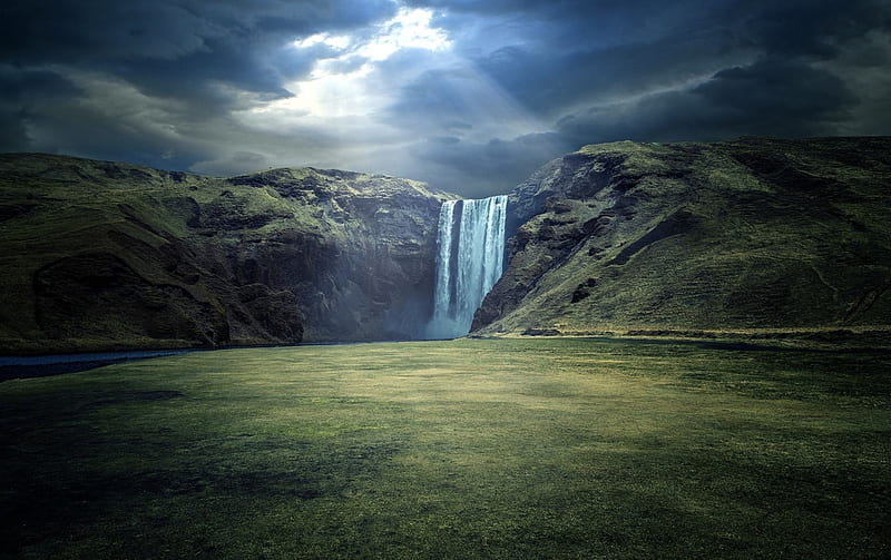 Skogafoss Waterfall, Iceland, waterfall, nature, iceland, stormy, HD wallpaper