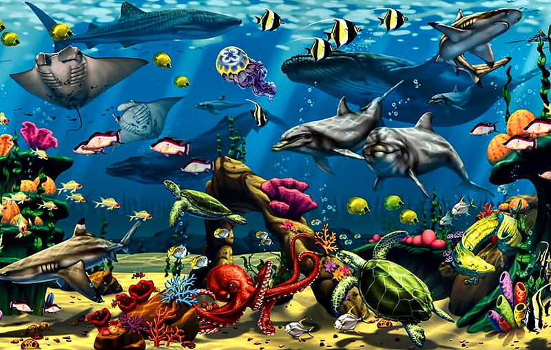 Under the Sea F1, octopus, manta, bonito, jelly fish, artwork, dolphins, painting, wide screen, scenery, turtles, art, underwater, fishes, ocean, whale, sharks, wildlife, seascape, HD wallpaper