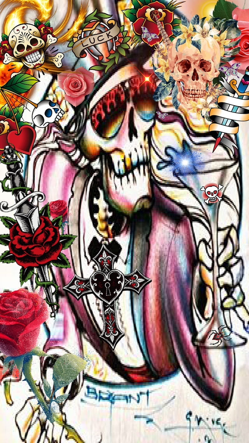 Fast Eddie, colorful, roses, skeleton, skull, sugar, swords, HD phone ...