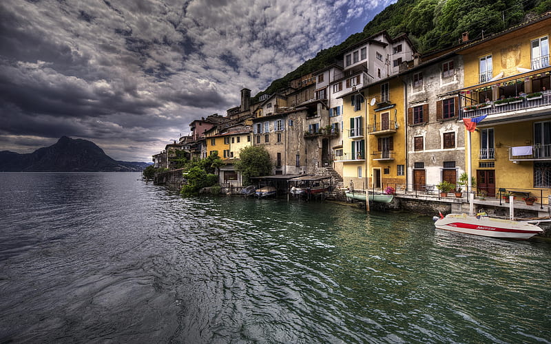 Lake Lugano, Gandria, mountain lake, cloudy weather, mountain landscape, Alps, Switzerland, R, HD wallpaper