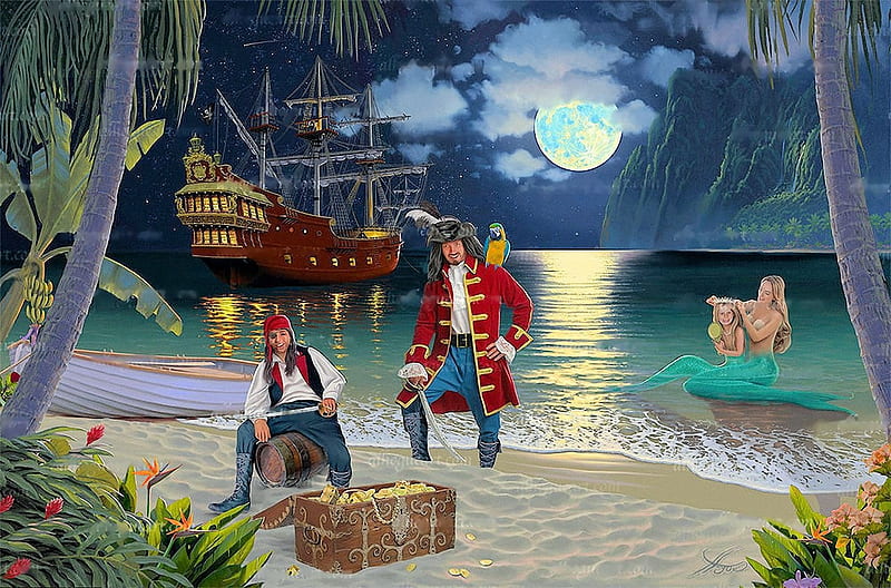 Treasure Island, caribbean, night, pirates, birds, palm, clouds, artwork, beach, moon, ship, case, digital, mermaids, HD wallpaper