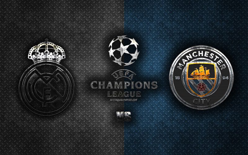 Real Madrid vs Manchester City FC, UEFA Champions League, 2020, metal logos, promotional materials, blue white metal background, Champions League, football match, Real Madrid, Manchester City FC, HD wallpaper