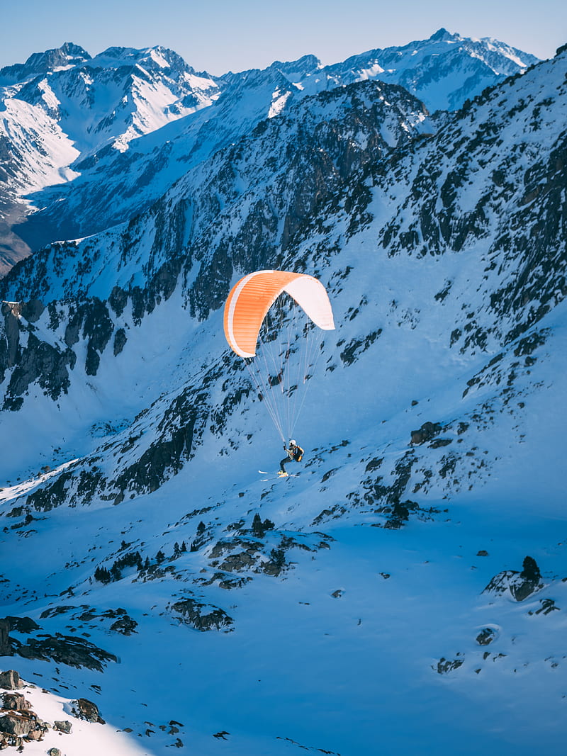 parachutist, parachute, mountains, snow, extreme, HD phone wallpaper