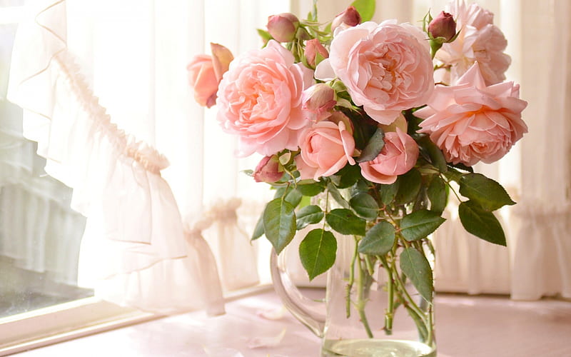 pink roses, bouquet, flowers on the table, vase with flowers, roses, HD wallpaper