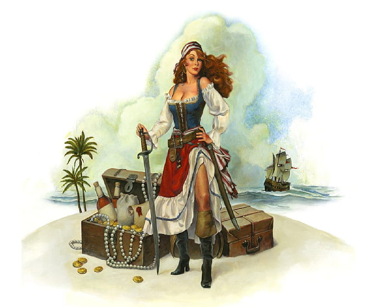 Pirate's Booty, gold, chests, rum, island, woman, pirate, HD wallpaper