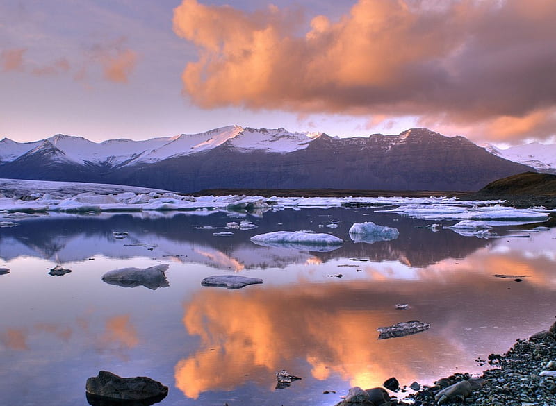 Winter Gold, rocks, orange, sunset, iceland, nice, stones, gold, mounts, peaks, sunrise, winter, water, cool, snow, purple, mountains, ice, awesome, antartic, violet, white, bonito, seasons, artic, greenland, mirror, blue, amazing, iceberg, icy, nature, reflected, frozen, reflections, coast, scarlat, antarctic, HD wallpaper