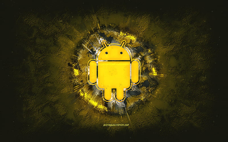 Android logo, grunge art, yellow stone background, Android yellow logo, Android, creative art, yellow Android grunge logo, HD wallpaper