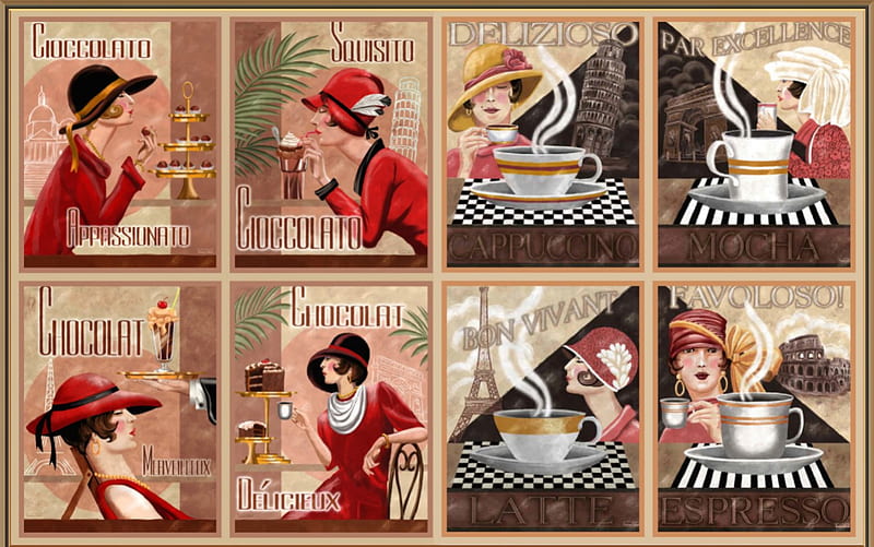 Coffee and Chocolate Lovers, latte, french, chocolate, cappuccino, art deco, mocha, italian, coffee, france, espresso, italy, vintage, HD wallpaper
