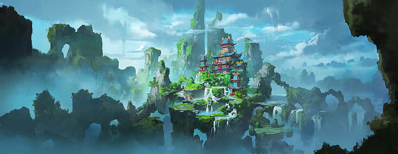 pagoda, castle, rocks, waterfall, clouds, art, HD wallpaper