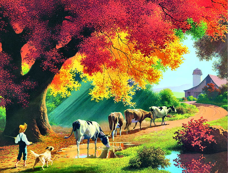 Autumn Close of the Day FC, art, silo, bonito, pets, artwork, canine, barn, boy, painting, wide screen, farm animals, dogs, cows, HD wallpaper