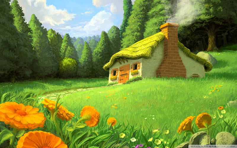 brick house on green grass, nature, green grass, paradise, trees, HD wallpaper