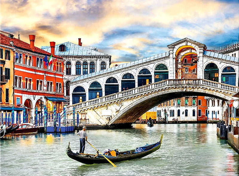 Venice, Rialto Bridge FC, architecture, art, Rialto, Italy, bonito, artwork, Venice, bridge, painting, wide screen, scenery, landscape, HD wallpaper