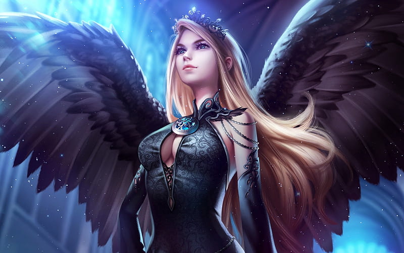 Dark Angel, art, beauty, wings, girl, digital, HD wallpaper