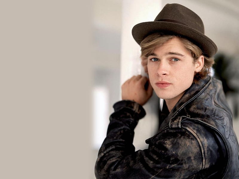 Brad Pitt, black jacket and hat, male, blond, handsome, blue eyes, actor, HD wallpaper